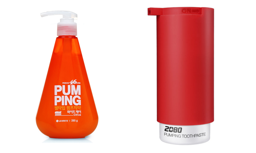(왼쪽)LG생활건강 '페리오 펌핑치약', (오른쪽) 애경산업 '2080 펌핑치약'