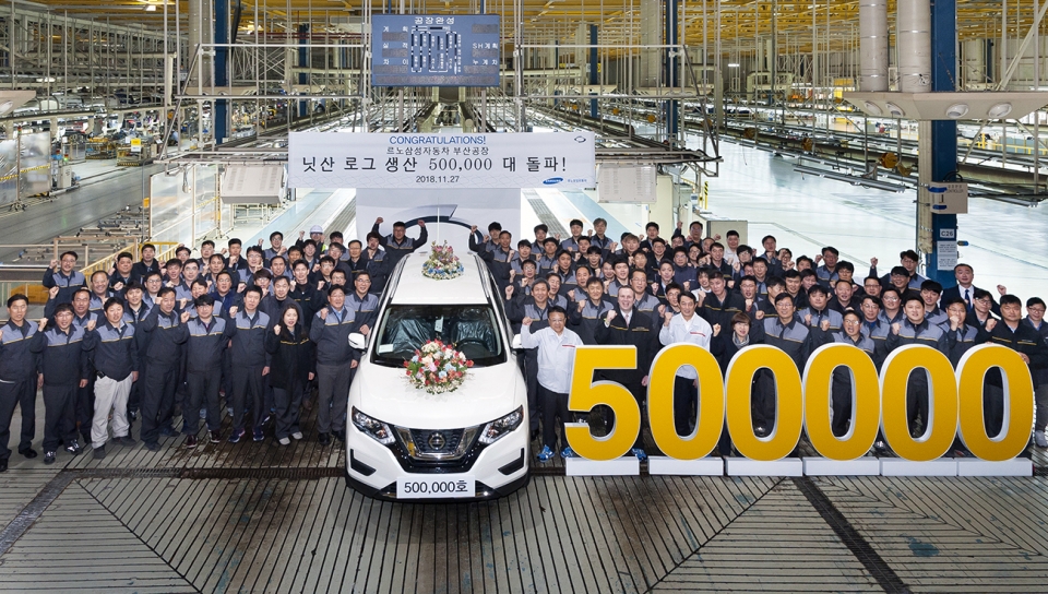 지난해 11월 27일 '닛산 로그'의 누적생산량이 50만대를 돌파했다(출처=르노삼성자동차)