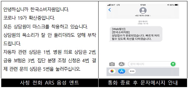 한국소비자원 사칭 전화 통화내용, 통화 후 안내 문자메시지(출처=한국소비자원)