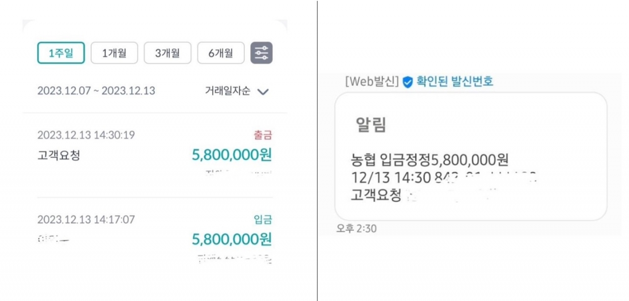 A씨 농협은행 거래내역 캡쳐 사진(왼쪽), A씨가 받은 문자 캡쳐 사진(오른쪽) (출처=온라인 커뮤니티)