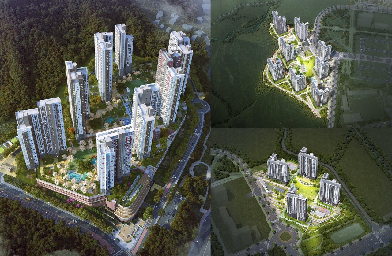거제 아주 공공지원 민간임대주택 조감도(왼쪽), 밀양부북 A-1BL 조감도(오른쪽 위), S-2BL 조감도(오른쪽 아래) (출처=BS한양)