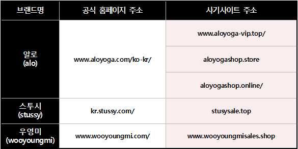 브랜드 공식홈페이지와 사기 홈페이지 주소(출처=한국소비자원)